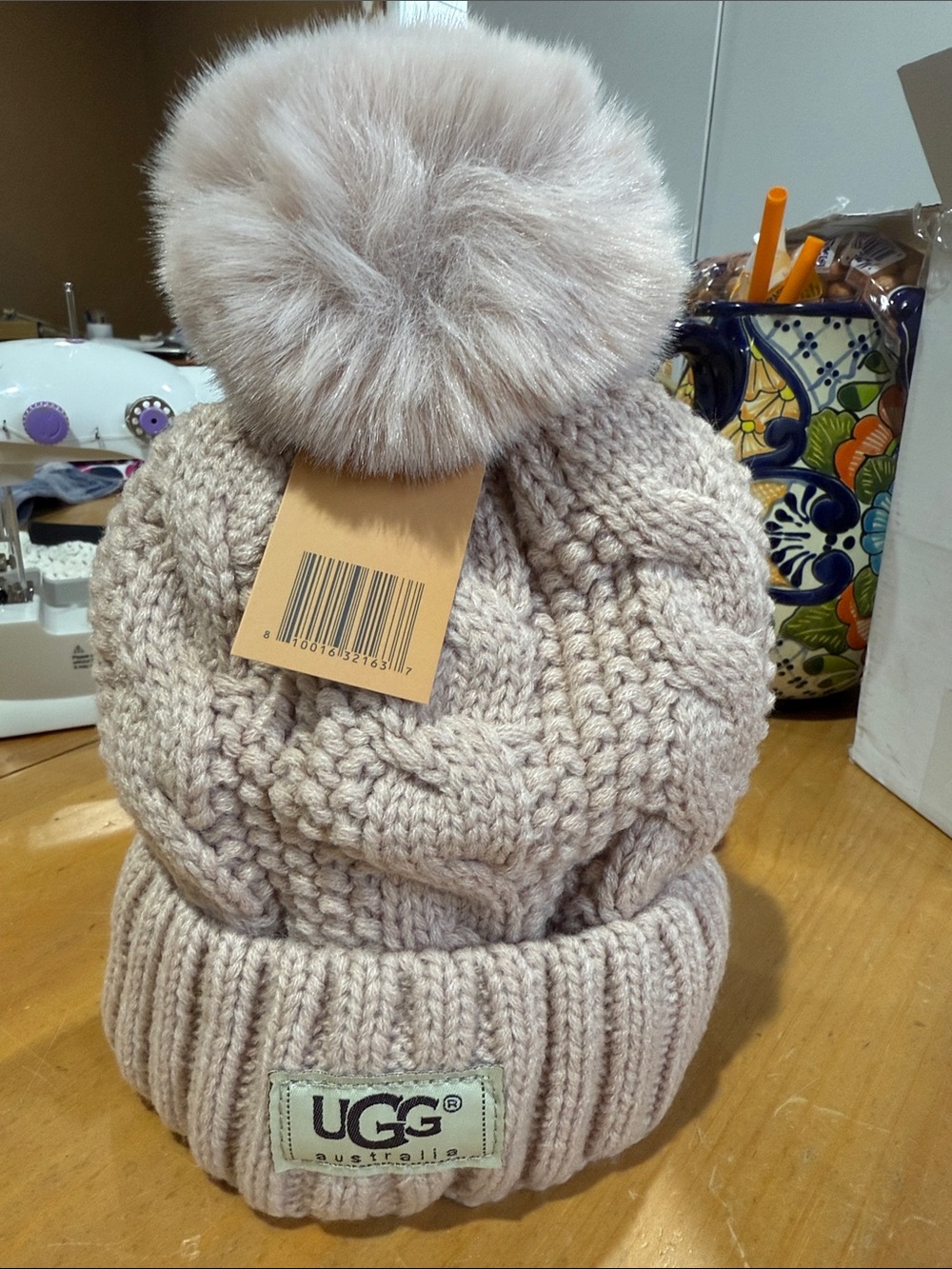 UGG Kids Faux-Fur Pom Cable Knit Beanie in Light Taupe